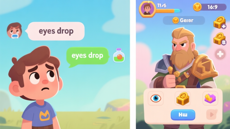 自动生成图片: A split-screen illustration showing a confused new game character on the left looking at chat bubbles with the words 'eyes drop', and on the right, a veteran player character with a clear UI showing loot and rewards, in a soft pastel game art style high quality illustration, detailed, 16:9