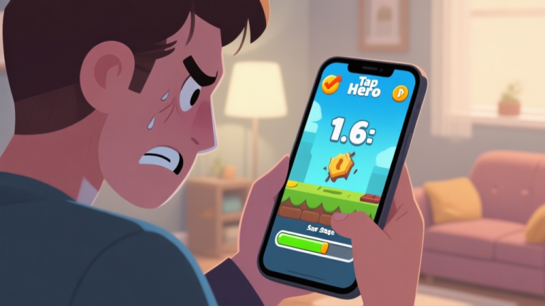 自动生成图片: A frustrated mobile gamer looking at their phone screen showing a Tap Hero game stuck on the same stage number, with a progress bar barely moving, in a cozy room setting, soft lighting, muted colors high quality illustration, detailed, 16:9