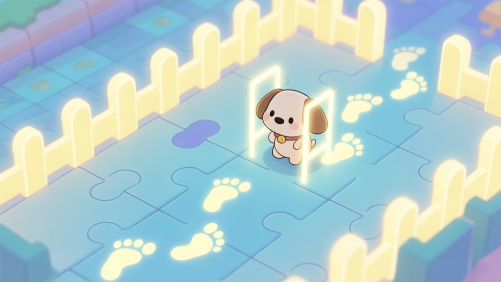 A stylized, top-down view of a puzzle game level with a small, cute creature (Dogogo) trapped behind glowing barriers, and a clear path outlined with soft, glowing footprints, in a soft pastel color palette with gentle blues and yellows high quality illustration, detailed, 16:9