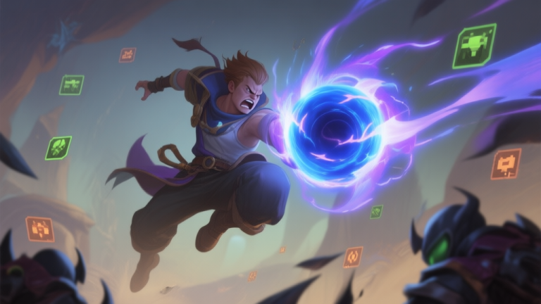 自动生成图片: A frustrated game character in mid-air, charging a powerful blue and purple energy sphere 'Space Burst', while enemy indicators are scattered out of its effective range, soft fantasy lighting, muted colors high quality illustration, detailed, 16:9