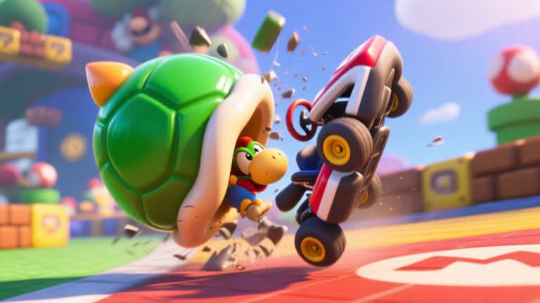 自动生成图片: A dynamic 3D game screenshot showing a green Koopa Shell mid-collision with a kart, causing a exaggerated, physics-defying bounce into the air against a vibrant Mario Kart-style background, soft lighting, action shot high quality illustration, detailed, 16:9