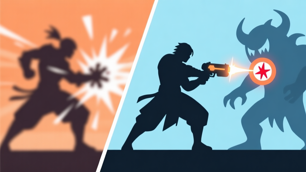 A side-by-side comparison of two game character silhouettes in a combat stance. Left side shows a blurry after-attack animation (recovery). Right side shows a crisp, sharp pose with a glowing weapon tip pointed precisely at a highlighted weak point on a monster silhouette, flat design style, soft blue and orange color scheme high quality illustration, detailed, 16:9