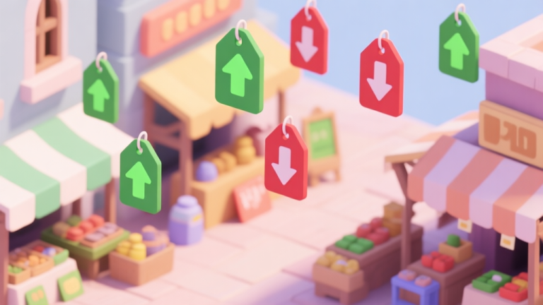 自动生成图片: A stylized, isometric view of a vibrant in-game marketplace with floating price tags above various items, some tags showing upward green arrows and others red downward arrows, in a soft pastel color palette with gentle lighting high quality illustration, detailed, 16:9