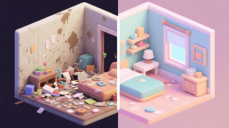 自动生成图片: A split-screen image showing a messy, chaotic virtual room on one side (with dust, stains, clutter) and the same room perfectly clean and organized on the other side, in a soft pastel color palette, isometric game view high quality illustration, detailed, 16:9