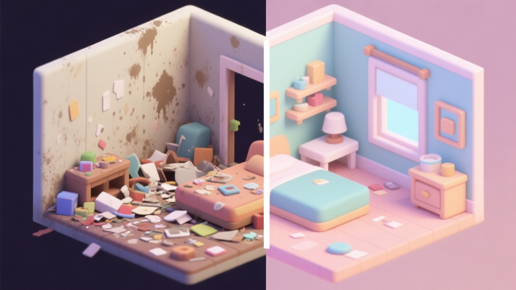 A split-screen image showing a messy, chaotic virtual room on one side (with dust, stains, clutter) and the same room perfectly clean and organized on the other side, in a soft pastel color palette, isometric game view high quality illustration, detailed, 16:9