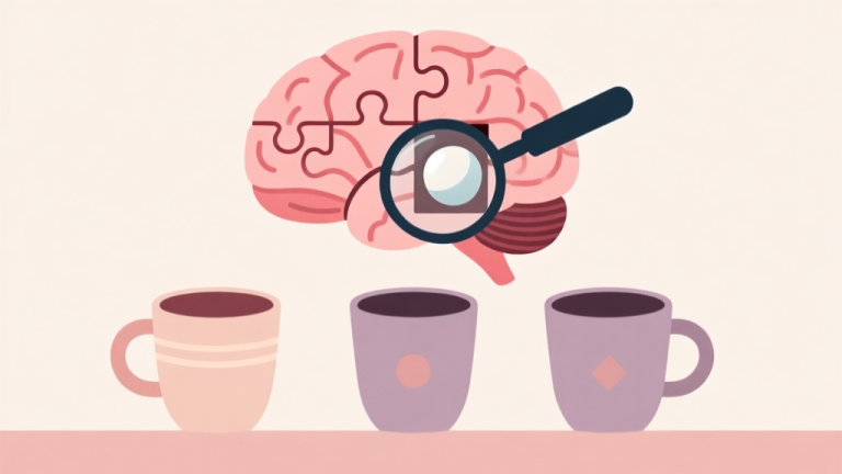 自动生成图片: A minimalist, soft-colored illustration of a brain with puzzle pieces and a magnifying glass focusing on a small ball hidden under one of three stylized cups, representing the psychology behind the hide ball brain teaser high quality illustration, detailed, 16:9