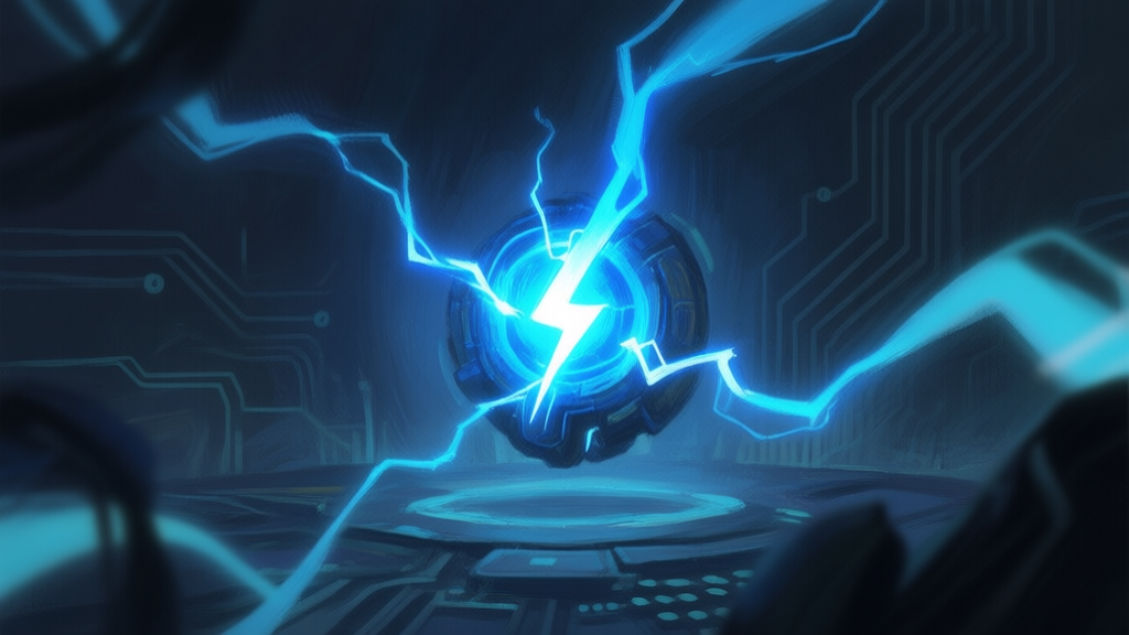 A dynamic, painterly style illustration of a glowing blue electrical bolt energy core hovering in a dark, abstract game environment, with subtle circuit patterns and soft light trails, muted color palette with electric blue accents high quality illustration, detailed, 16:9