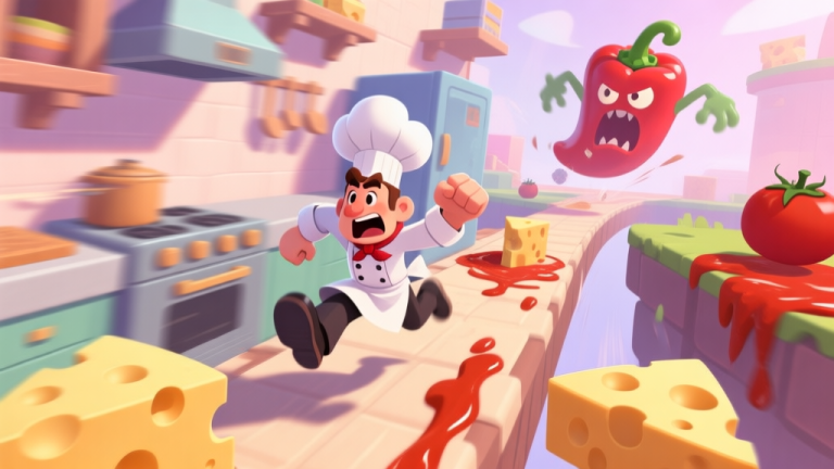 自动生成图片: A dynamic, side-scrolling video game scene in a cartoon style, featuring a frantic chef character mid-super-run through a kitchen-themed level, with cheese platforms, tomato sauce hazards, and a giant pepperoni enemy in the background, soft pastel colors, sense of high-speed motion high quality illustration, detailed, 16:9