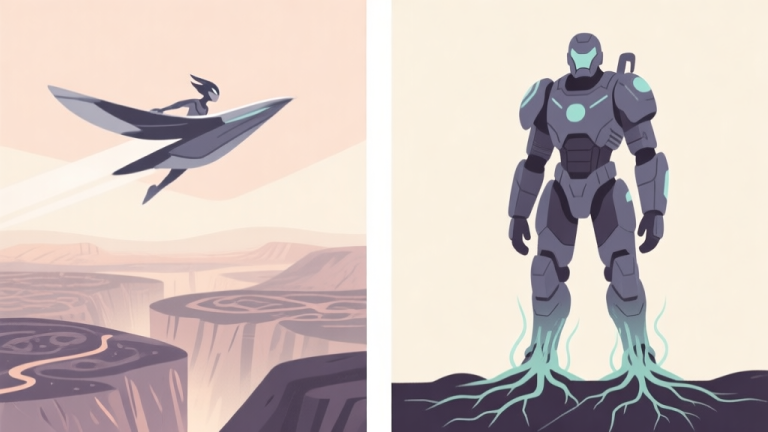 自动生成图片: A side-by-side comparison illustration in a soft, muted color palette. Left side shows a sleek, flying character hovering above complex terrain. Right side shows a grounded, heavily-armored character standing firm on the ground, with roots or stable energy emanating from its feet, flat design style high quality illustration, detailed, 16:9