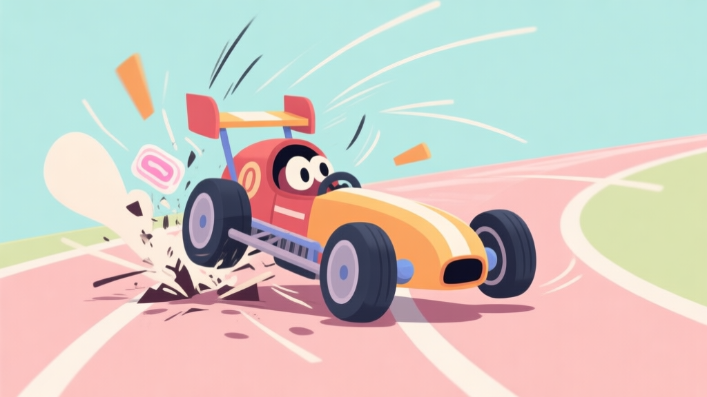 A stylized, playful illustration of a cartoon soapbox car mid-crash, with exaggerated physics lines showing chaotic spin and impact, against a simple pastel-colored track background high quality illustration, detailed, 16:9