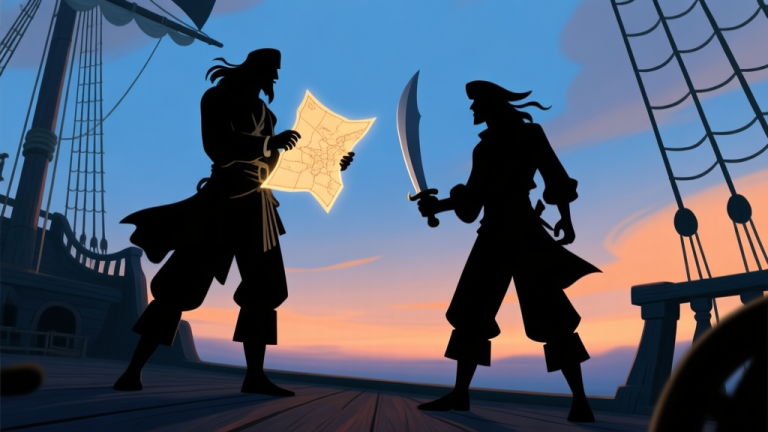 自动生成图片: A tense scene on a pirate ship deck at dusk, viewed from a low angle. Two stylized, silhouetted figures stand opposed, one holding a glowing map fragment, the other a cutlass. The atmosphere is charged with conflict and strategic tension, soft blues and oranges in the sky high quality illustration, detailed, 16:9