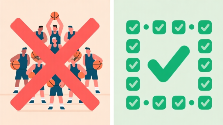 自动生成图片: A split-screen illustration showing a disorganized basketball team formation on the left with red crosses, and a well-structured, coordinated formation on the right with green checkmarks, using a flat design style with a soft color palette high quality illustration, detailed, 16:9