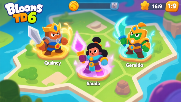 自动生成图片: A vibrant Bloons TD 6 game screenshot showing three different heroes (Quincy, Sauda, Geraldo) placed on a map, with a focus on their unique abilities and visual effects, clean and illustrative style high quality illustration, detailed, 16:9