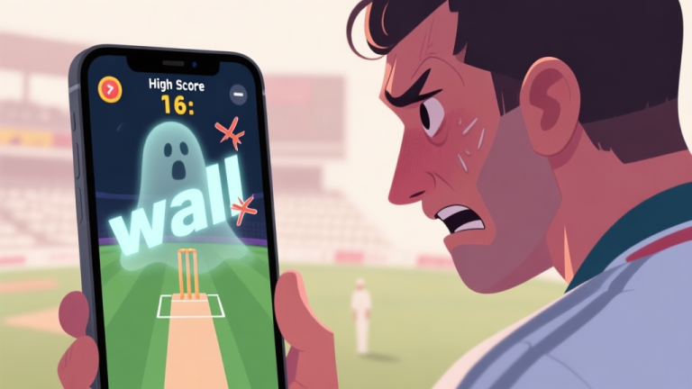 自动生成图片: A frustrated cricket game player looking at a stuck high score on a mobile screen, with a ghostly "wall" graphic blocking the score from increasing, soft muted colors, digital art style high quality illustration, detailed, 16:9
