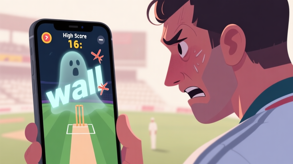 A frustrated cricket game player looking at a stuck high score on a mobile screen, with a ghostly "wall" graphic blocking the score from increasing, soft muted colors, digital art style high quality illustration, detailed, 16:9