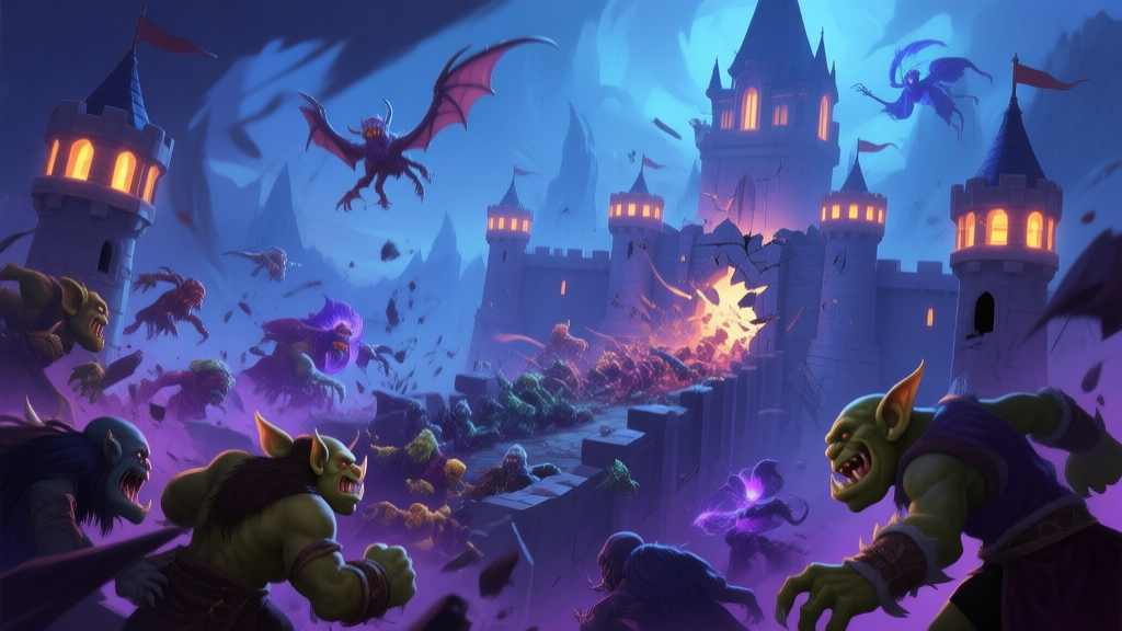 A dramatic game scene from a tower defense perspective, showing the final wave of monsters overwhelming a beautifully constructed castle defense. The monsters are diverse (orcs, flying creatures, magicians), the towers are brightly lit but some are broken. The color palette is dark fantasy with soft blues and purples, highlighting the chaos of the final battle. high quality illustration, detailed, 16:9