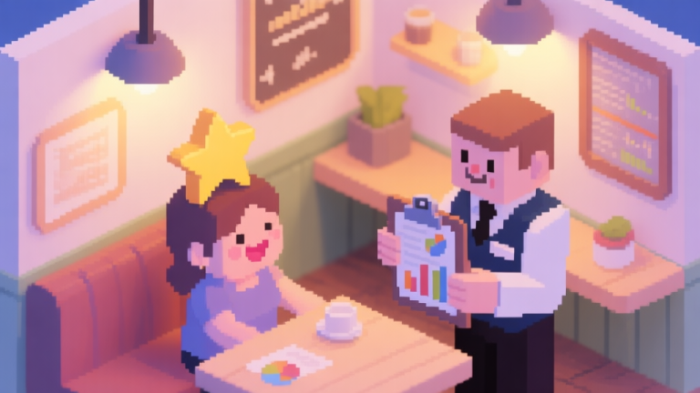 自动生成图片: Isometric cozy pixel art cafe interior with a soft color palette, a happy customer with a star above their head, and a manager character looking at a clipboard with charts, warm lighting high quality illustration, detailed, 16:9