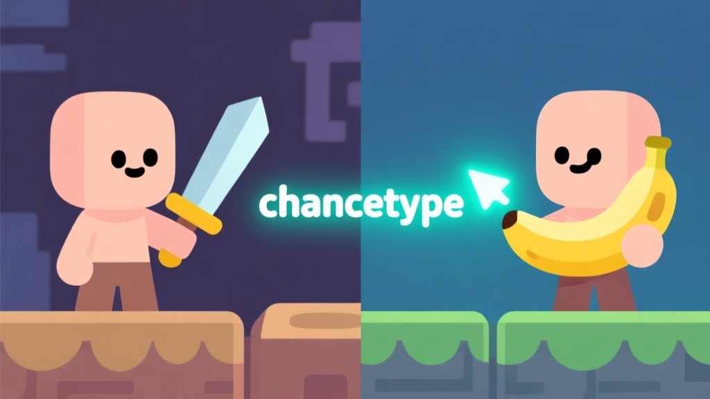 A split-screen illustration showing a simple game character on the left with a sword, and on the right, the same character holding a banana, with a glowing arrow and the word "changetype" in the middle, in a flat cartoon style with soft colors high quality illustration, detailed, 16:9