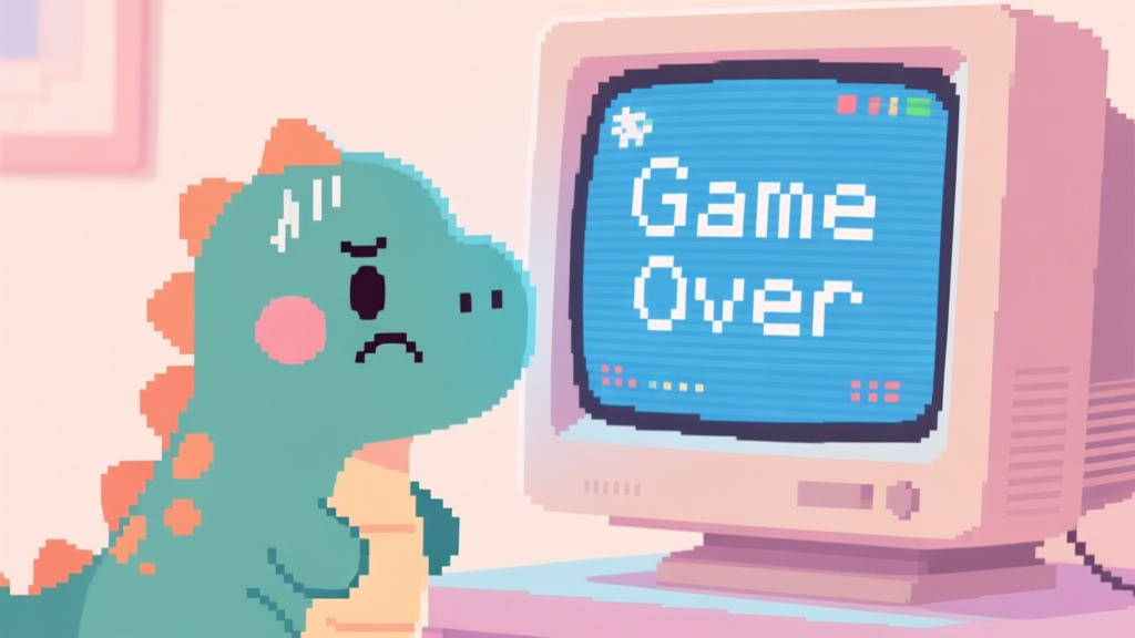 A cute, frustrated cartoon dinosaur character looking at a "Game Over" screen on a retro pixelated monitor, in a soft pastel color palette high quality illustration, detailed, 16:9