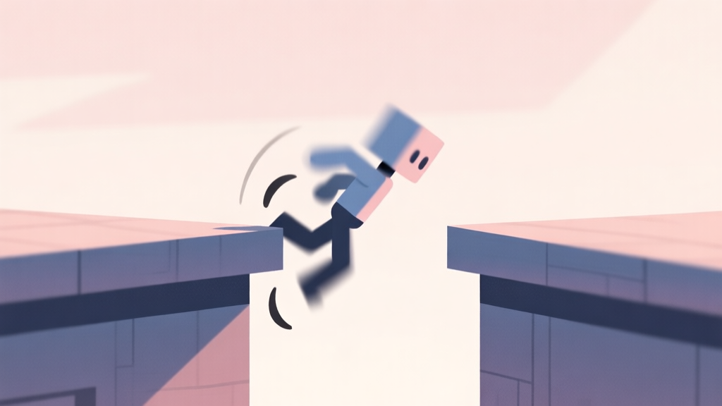 A side-view of a minimalist video game character stuck between two platforms, depicted with a subtle bouncing motion blur, soft pastel color palette, clean lines high quality illustration, detailed, 16:9