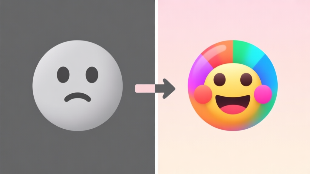 A split-screen illustration showing a bland, gray emoji on one side transforming into a vibrant, multi-colored custom emoji on the other, with a simple arrow connecting them, soft pastel color palette high quality illustration, detailed, 16:9