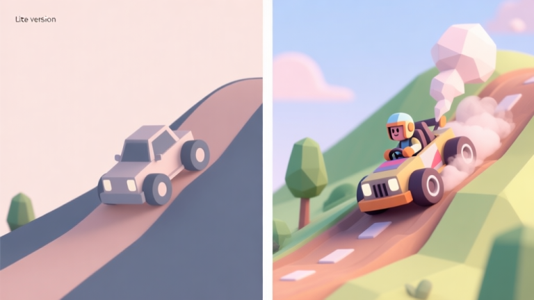 自动生成图片: A split-screen comparison showing two simple, cartoonish hill climb racing vehicles on different terrains. Left side has a minimalist, low-poly aesthetic (Lite version). Right side has more detailed graphics, smoke effects, and a custom driver (Full version). Soft pastel color palette. high quality illustration, detailed, 16:9