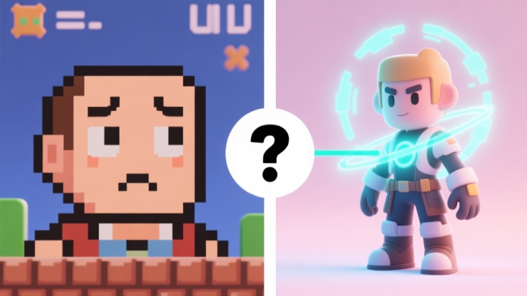 自动生成图片: A split-screen illustration showing a classic pixelated game character on the left looking confused, and a modern 3D game character on the right with a glowing, strategic aura, connected by a question mark in the center, using a soft pastel color palette high quality illustration, detailed, 16:9