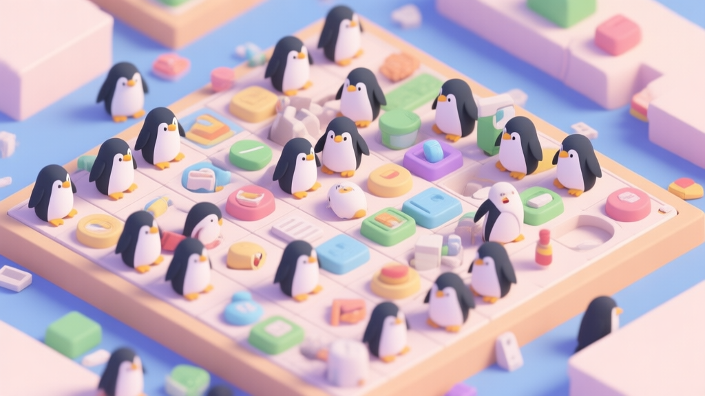 A cluttered, slightly frustrating game board from a merge game, filled with many low-level penguins and items, soft pastel colors, isometric view, with a feeling of being stuck high quality illustration, detailed, 16:9