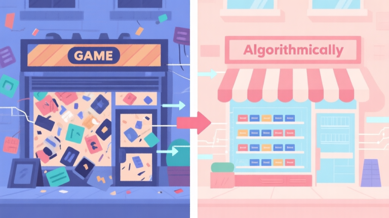 自动生成图片: Split-screen illustration showing a chaotic game storefront on one side and a neatly organized, algorithmically sorted storefront on the other, with subtle arrows and data streams connecting them, soft pastel color palette high quality illustration, detailed, 16:9
