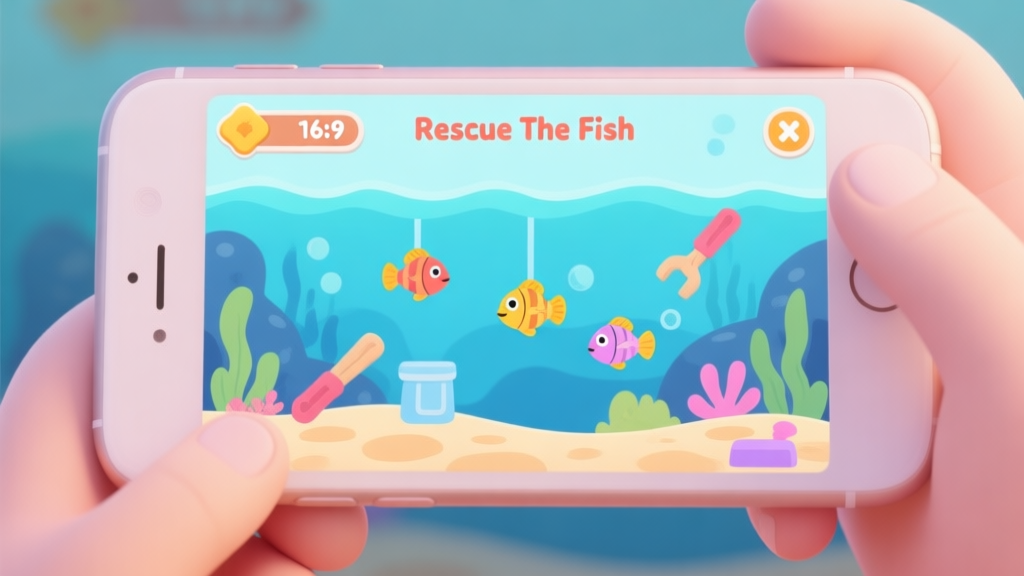 A cozy, inviting game interface on a mobile phone screen, showing a colorful underwater level from Rescue The Fish with trapped fish and simple tools, soft pastel color palette, clean and friendly illustration style high quality illustration, detailed, 16:9