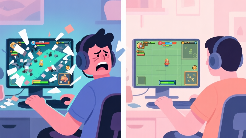 A split-screen illustration showing a frustrated player on the left with a messy, highlighted game screen, and a calm, focused player on the right with a neatly sectioned and systematically scanned game screen, in a soft pastel color scheme high quality illustration, detailed, 16:9
