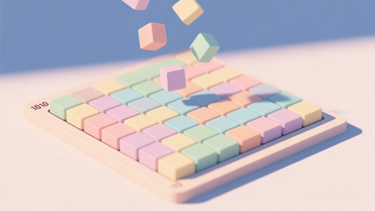 自动生成图片: A top-down view of a 1010 Color Match game board in a calm state, soft pastel colored blocks neatly arranged, with a few new blocks hovering above, minimalist flat design, soothing color palette high quality illustration, detailed, 16:9