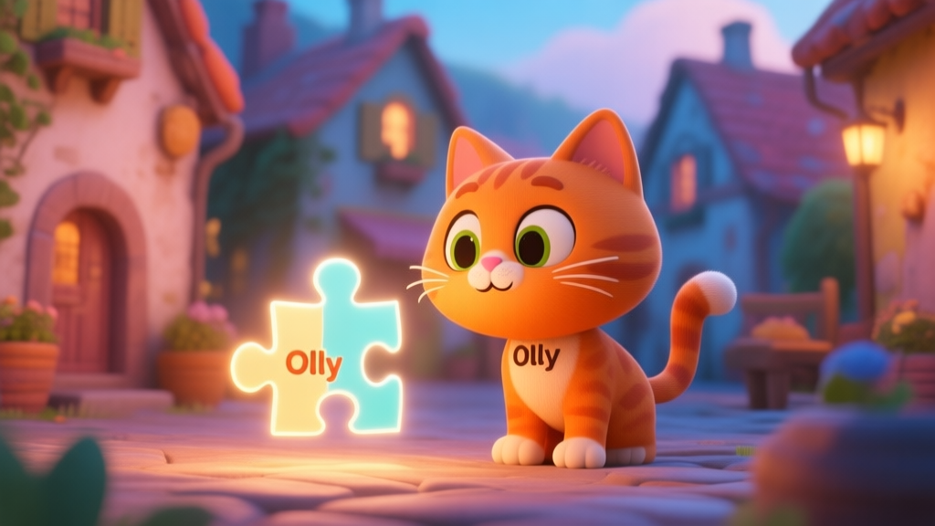 A cute, stylized 3D render of a playful orange cat character (Olly) in a vibrant, cozy village setting, looking curiously at a glowing puzzle element, soft lighting, warm color palette high quality illustration, detailed, 16:9