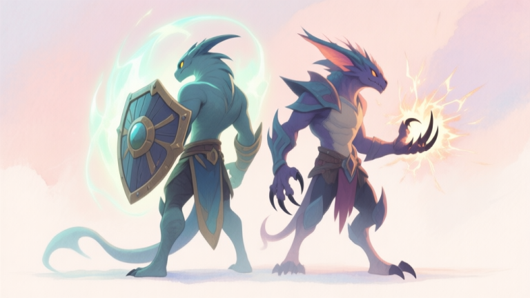 自动生成图片: Two stylized, complementary fantasy creatures standing back-to-back, one with shield-like features and glowing defensive aura, the other with sharp claws and offensive sparks, soft watercolor style, pastel color palette high quality illustration, detailed, 16:9