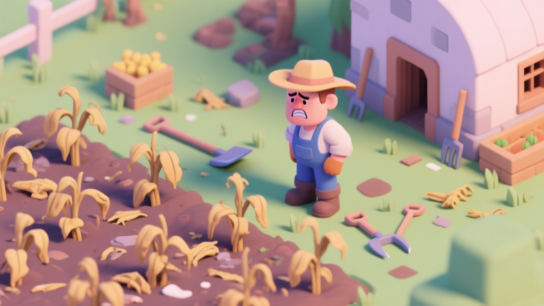 自动生成图片: A frustrated farmer character in a stylized game setting, looking at a messy farm with wilting crops and scattered tools, soft pastel color palette, isometric view high quality illustration, detailed, 16:9