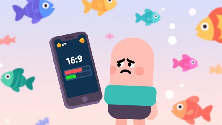 自动生成图片: A minimalist, slightly frustrated game character looking at a low score screen on a mobile device, with colorful fish icons falling in the background, soft pastel color palette high quality illustration, detailed, 16:9