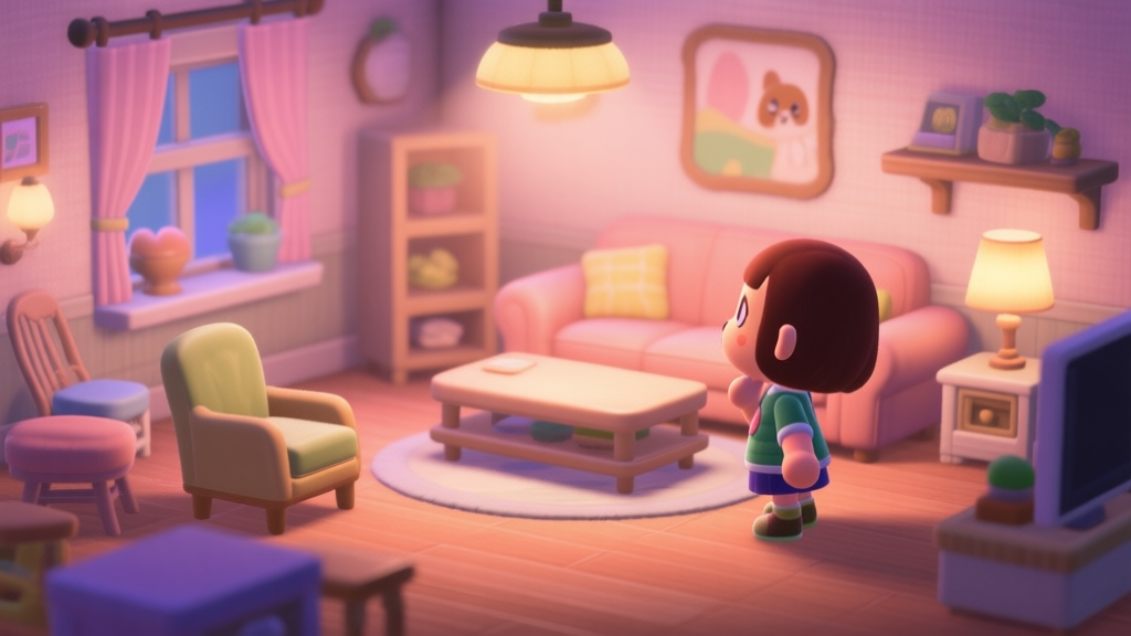 A cozy, softly lit virtual living room in a game like Animal Crossing, with warm lighting, a slightly awkward furniture arrangement, and a character looking thoughtfully at the room, pastel color palette high quality illustration, detailed, 16:9