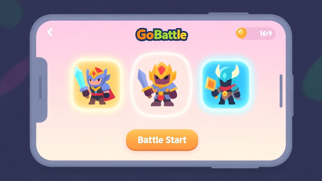 A minimalist, clean mobile game interface showing a vibrant GoBattle character selection screen with three distinct hero types, soft glowing icons, and a simple "Battle Start" button, rendered in a flat design with a soft color palette high quality illustration, detailed, 16:9