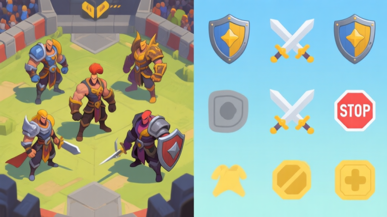 自动生成图片: A dynamic split-screen illustration showing five distinct, powerful-looking game characters from a top-down arena game on one side, and on the other side, strategic icons like shields, crossed swords, and stop signs in a soft color palette of blues, greys, and yellows high quality illustration, detailed, 16:9