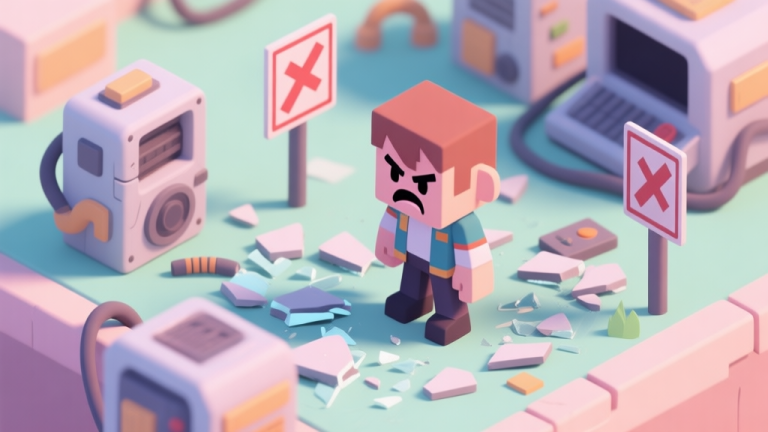 自动生成图片: A frustrated game character standing amidst shattered equipment and failed mission markers, in a soft pastel color palette, isometric view high quality illustration, detailed, 16:9