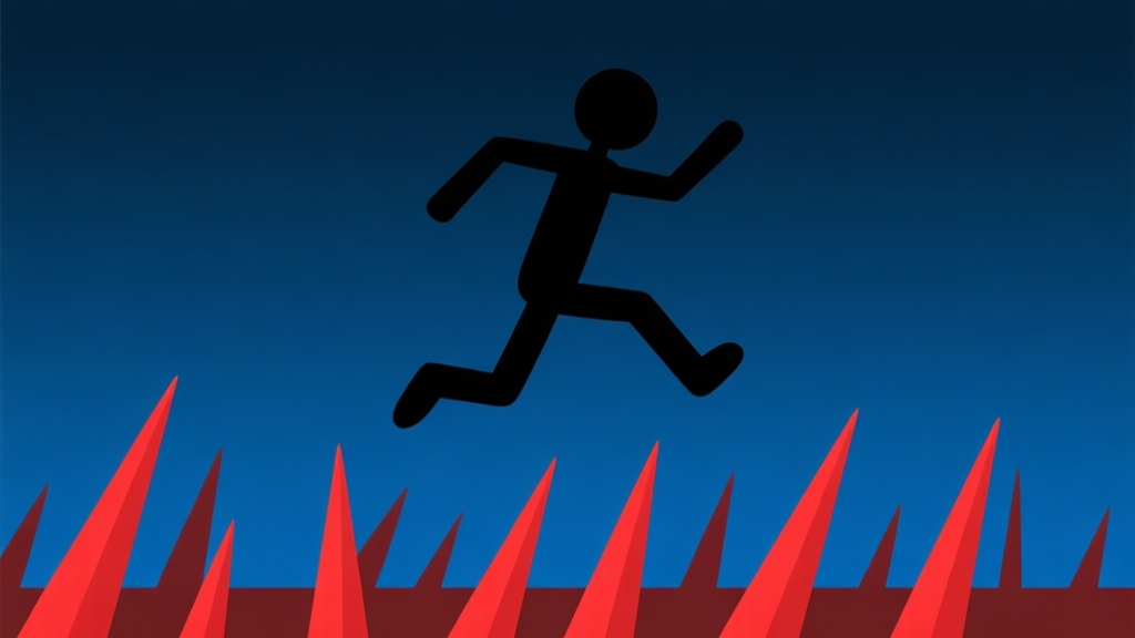 A minimalist silhouette of a stickman character mid-jump over a series of sharp red spikes, against a dark blue gradient background, flat design style high quality illustration, detailed, 16:9