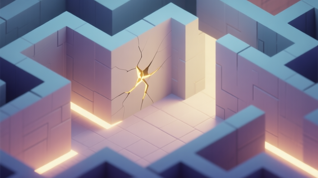 A serene, mysterious maze corridor from an isometric perspective, soft glowing light paths on the floor, one wall has a barely perceptible crack with a faint golden light seeping through, soft pastel color palette high quality illustration, detailed, 16:9