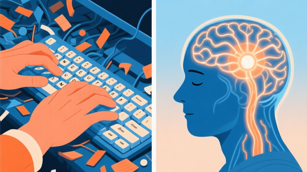 Split-screen illustration showing a chaotic keyboard with frantic typing on one side, and a calm, strategic mind with glowing neural connections to a keyboard on the other side, in a soft blue and orange color scheme high quality illustration, detailed, 16:9