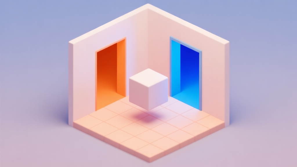A simple, clean isometric view of a puzzle room with a blue portal on one wall and an orange portal on the floor, a cube hovering between them, soft pastel colors, flat design style high quality illustration, detailed, 16:9