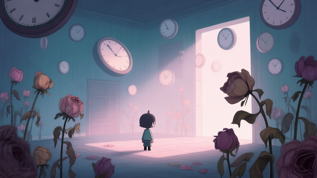 Surreal game scene with a small character in a oversized, dimly lit room filled with floating clocks and wilted flowers, soft pastel color palette, dreamlike atmosphere high quality illustration, detailed, 16:9