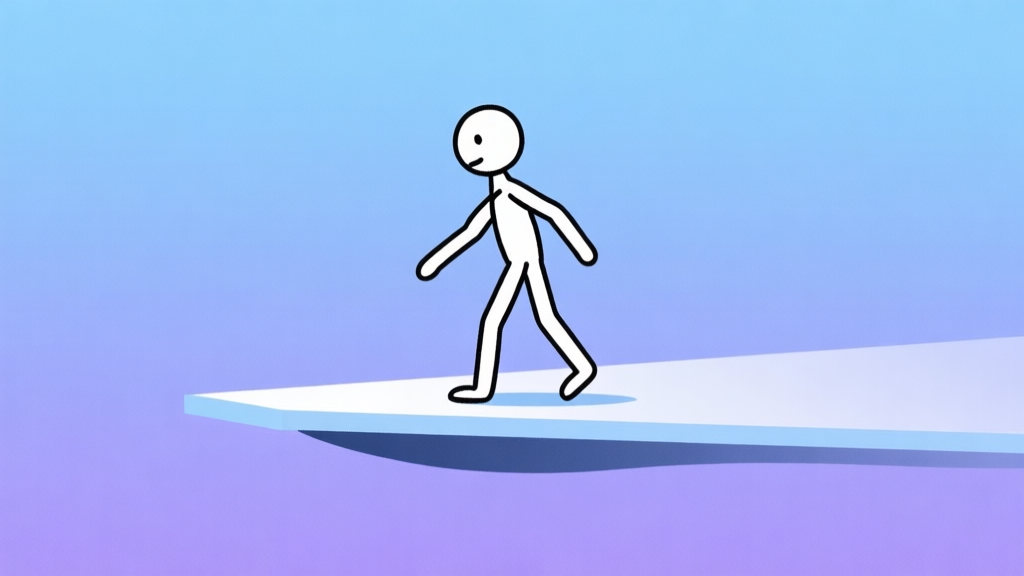 A minimalist side-view illustration of a stick figure character perfectly balanced on a narrow, floating platform. The character's pose shows slight, controlled adjustments. Soft gradient background in calming blues and purples, flat design style high quality illustration, detailed, 16:9