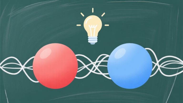 自动生成图片: A minimalist, soft-colored illustration of two stylized balls (red and blue) separated by a complex, hand-drawn line on a chalkboard-like background, with a lightbulb icon hovering above, symbolizing puzzle-solving high quality illustration, detailed, 16:9