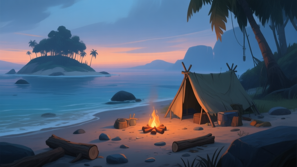 A serene yet slightly ominous game scene of a survival island at dusk, with a simple lean-to shelter on a beach, a small campfire, and scattered resources like wood and stones, soft color palette with blues and oranges high quality illustration, detailed, 16:9
