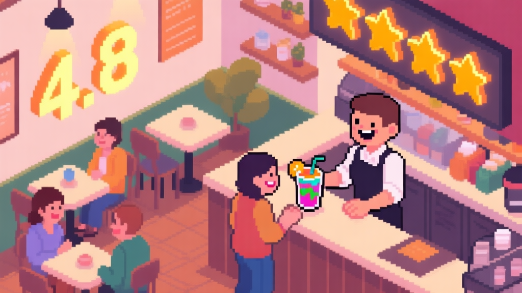 A vibrant, cozy isometric pixel art scene of a cafe interior. A smiling barista serves a colorful drink to a happy customer at the counter, while other customers chat at neatly arranged tables. A large 4.8-star rating display glows warmly on the wall high quality illustration, detailed, 16:9