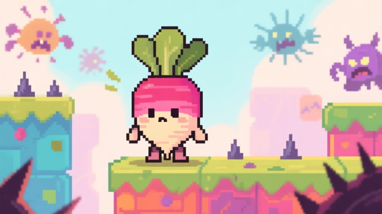 自动生成图片: Cute pixel art character resembling a radish standing nervously at the start of a colorful, slightly dangerous-looking platform level, with spikes and moving enemies in the background, soft pastel color palette high quality illustration, detailed, 16:9